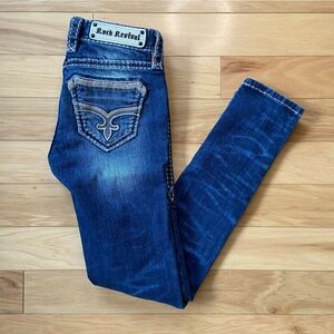 Rock Revival Sharon Skinny Jeans Womens 25 Reg Low Rise Distressed Dark Wash Den